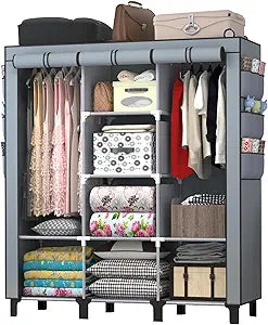 Portable Wardrobe with 10 Storage Racks and 2 Hanging Poles, 18 Side Pockets Non-Woven Cover, Size 130 x 45 x 172 cm, Bedroom Closet Organizer(Gray)