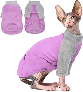 T'CHAQUE Sphynx Cat Clothes, Soft Fleece Winter Sweaters for Hairless Cats, Warm Pajama Jumpsuit with Sleeves and Hoodie, Cozy Pullover Outfit for Kittens
