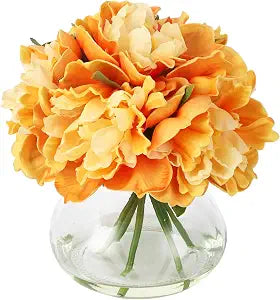 Fake Peony Flowers with Vase, Green Artificial Flower Arrangement, Faux Flowers for Home Decor, Dining Table Centerpiece, Bathroom, Office Desk and Shelf Decoration-Orange