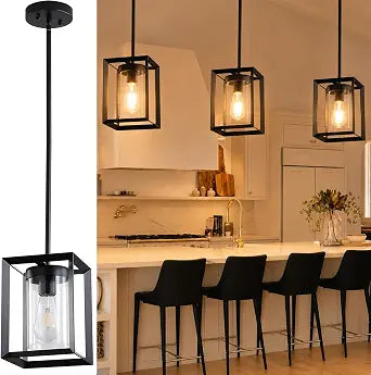 1 Pack Farmhouse Black Kitchen Island Pendant Light Fixture,Height Adjustable Metal Rod Hanging Modern Pendant Lighting with Metal Cage Clear Glass Shade for Entryway Bedroom