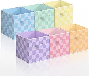 Potchen 6 Pack Fabric Storage Cube Bins 11 Inch Fun Colorful Checked Storage Bins with Handles Foldable Plaid Back to School Organizer Baskets for Shelves Nursery Closets Home Decor(Brlight Style)