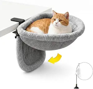 Cat Desk Bed for Indoor Cats, Foldable 2-in-1 Plush Cat Hammock and Hanging Cat Nest, Space-Saving Cat Lounger for Home Office, Supports Up to 40 lbs, Fits Desks 0.78-2.92 Inches Thick