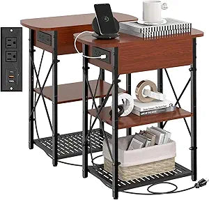 Livofloral Narrow Side Table with Charging Station, End Tables Set of 2 for Small Spaces, Flip Top End Table with Storage, Side Tables Set 2 Living Room, Nightstand with Drawer for Bedroom, Cherry
