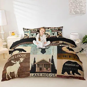 Hunting Woodland Animal Duvet Cover Twin Rustic Fox Bear Deer Moose Bedding Set,Lake House Fishing Comforter Cover For Farmhouse Cabin Lodge,Countryside Wildlife Bed Set Brown Teal 1 Pillow Case