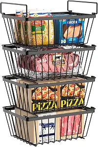 4 Pack Freezer Organizers Bins,Black Stackable Food Baskets