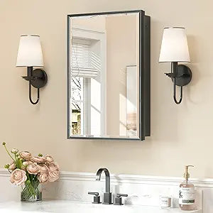 Keonjinn 16" x 24" Black Medicine Cabinets for Bathroom with Mirror, Fully Assembled, Recessed or Surface Wall-Mounted, Aluminum Framed, Metal Bathroom Vanity Mirror with Storage Cabinet
