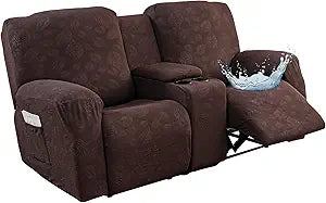Gennia Waterproof Recliner Loveseat Cover with Console 6 Pieces, Jacquard 2 Seat Recliner Covers with Pockets Stretch Reclining Loveseat Slipcovers Furniture Protector (2 Seat with Console, Chocolate)