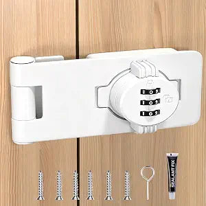 Bifold Door Lock - White Sliding Closet Locks for Double Doors Cabinet Lock Anti-Pry 3-Digit Password Combination Twist Knob Hasp Latch Locks for Barn Door Cupboard Pantry 1pcs