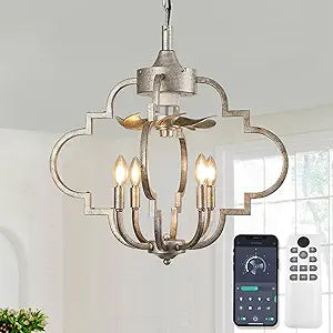 Chandelier Ceiling Fan, 23" Rustic Fandelier Ceiling Fan with Light, 4-Metal Rod Geometric Lantern Design, Vintage Hanging Ceiling Fans for Bedroom, Dining Room, Kitchen-Antique Silver