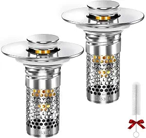 Bathroom Sink Stopper, Pop-up Bathroom Sink Drain Strainer Stopper with Removable Stainless Steel Strainer Filter Basket Hair Catcher, Sink Drain Stopper for Bathroom Sink Stopper Replacement (2PCS)