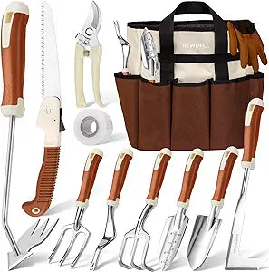 Garden Tool Set, 12 Pcs Heavy Duty Floral Gardening Tools Kit with Gardening Hand Weeder Tools, Durable Storage Bag and Gardening Gloves, Gardening Gifts for Women and Men Brown