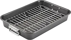 Farberware Bakeware Nonstick Roaster with Flat Rack, Roasting Pan with Rack For Home Cooking, 11-Inch x 15-Inch, Gray