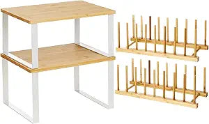 Marsui 4 Pcs Kitchen Organizer Accessories Set Cabinet Organizer Shelf and Bamboo Dish Drying Plate Rack Counter Shelves Storage Holder for Spice Rack, Dish, Pot Lid, Bowl, Cup(Wooden Color)