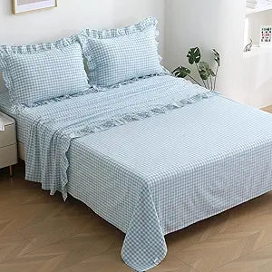 Light Blue White Plaid Ruffle Gingham Sheets Queen Size 4-Piece Set, 300TC 100% Yarn Dyed Cotton Sheets 18 in Deep Pocket Decorative Bedding (Light Blue/White Plaid, Queen)