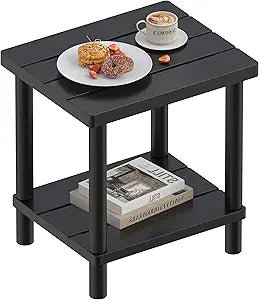LEJANEOYE Outdoor Side Table, 2-Tier Small Outdoor Table for Patio, Adirondack Side Tables for Outside or Indoor, Bamboo End Table for Pool, Porch, Weather Resistant Easy Maintenance-Black