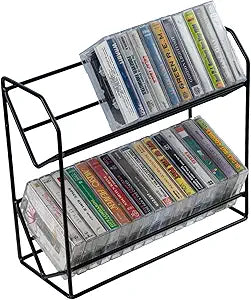 MyGift 2 Tier Cassette Tape Storage Rack, Classic Industrial Matte Black Metal Wire Tape Deck Holder and Display Stand