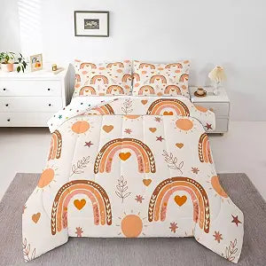 Kids Cute Boho Rainbow Full Comforter Set For Boys Girls Bohemian Stars Sun Bedding Set Nature Botanical Leaf Bedding Comforter Cartoon Hearts Quilt Duvet Yellow Pumpkin Orange Beige 2 Pillow Cases
