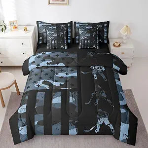 Erosebridal 7 Pcs Black Blue Camo Comforter Set with Sheets Twin Size Army Blue Camouflage American Flag Bedding Set for Boys Adults Ice Hockey Puck Bed in A Bag Modern Winter Games Sports Bed Sets