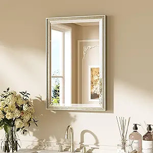 Keonjinn 16" x 24" Brushed Nickel Framed Mirror, Silver Bathroom Mirrors Beveled Edge, Decorative Aluminum Alloy Frame, Tempered Glass, Shatterproof, Modern Farmhouse Rectangular Mirror for Hallway