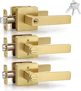 3 Pack Gold Door Handles InteriorBrushed Gold Door Handles with Lock and Key, Heavy Duty Square Gold Keyed Entry Door Levers for BedroomBathroomCloset, Satin Brass,Wholesale