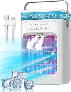 Portable Air Conditioner, Evaporative Mini Portable AC Unit with 3 Speeds & 2 Mist, 120┬░ Oscillating, 7 Color Lights 2-4H Timer, Small Cooling Fan for Bedroom, Office, Home, Camping