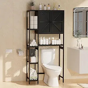 Bamboo Over The Toilet Storage, Above Toilet Organizer Storage Shelf Stand, Tall Freestanding Behind Toilet Rack, Tiered Bathroom Space Saver Shelving, Easy Assembly (Black)