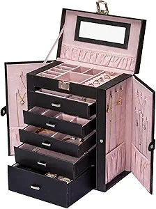 6 Tier Jewelry Box, Jewelry Case with 5 Drawers, Large Storage Capacity, with Mirror, Lockable, Jewelry Storage Organizer, Gift for Loved Ones