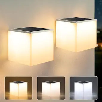 Flacchi Solar Wall Lights 2 Pack - 32 LED Dual-Color (Warm White/Cool White) Solar Cube Light Outdoor Wall/Table Lamp Waterproof Solar Powered Lighting for Patio Garden Balcony
