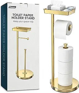 theaoo Toilet Paper Holder Stand with Shelf, Flushable Wipes Dispenser, Free Standing Toilet Tissue Roll Storage Rack Organizer for Bathroom (Gold, Free Standing - with Storage)