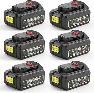 ARyee 6-Pack 20V 6.0Ah Replacement for Dewalt 20V Battery DCB200 DCB201 DCB203 DCB204 DCB205 DCB206, DCD/DCF/DCG Max Series Cordless Power Tools