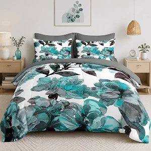 Nesker Comforter Set Queen Size, Teal Turquoise Flower 7 Pcs Bedding for Kids and Adults, Ink Floral Roses Bed Sheet Sets with Fitted Sheet 2 Pillowcases & 2 Shams