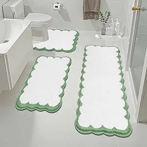 Pauwer Bathroom Rugs Set 3 Piece, Scalloped Non Slip Washable Bath Mat with U-Shaped Toilet Rug, Extra Absorbent Quick Dry Soft Plush Shower Mats for Floor Sink, White and Green