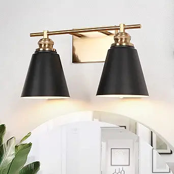 2-Light Black and Gold Bathroom Vanity Lights, Modern Bathroom Light Fixtures Over Mirror with Metal Shade, Farmhouse Wall Sconce Lighting for Bathroom, Bedroom, Kitchen