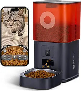 Automatic Cat Feeder with Camera: 6L Automatic Dog Feeder with 2-Way Audio Night Vision Dual Power Supply App Control 2.4G WiFi, Timed Auto Cat Food Dispenser with Stainless Steel Bowl(Black)