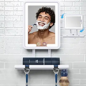Shinowa Heated Shower Mirror Fogless for Shaving, 360 Adjustable Lighted Shower Mirror with 3 Color Modes, Rechargeable Anti Fog Shaving Mirror with Large Storage Tray & Razor Holder, White