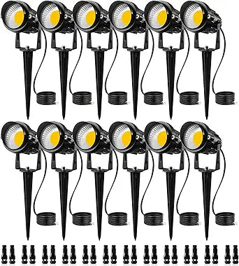 SUNVIE 12W Low Voltage LED Landscape Lights with Connectors, Outdoor 12V Super Warm White (900LM) Waterproof Garden Pathway Lights Wall Tree Flag Spotlights with Spike Stand (12 Pack with Connector)