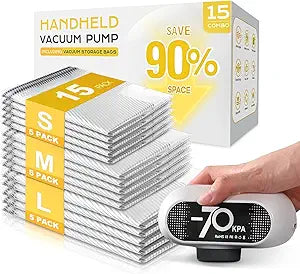 15 Pack Travel Vacuum Bags with Electric Pump, 70KPa Vacuum Storage Bags for Clothing, Reusable Space Saver Bags for Suitcase, Travel & Home Storage, Alpine White
