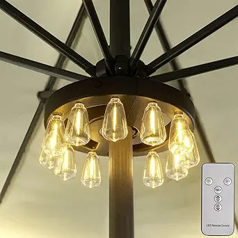 Umbrella Lights, Patio Outdoor Umbrella Lights Battery Operated with Dimmable Timer,12 Warm White LED Bulbs in 3 Brightness Modes, for Backyard or Camping