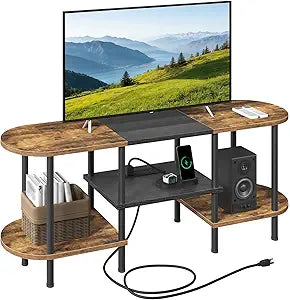 YATINEY TV Stand with Power Outlets, Entertainment Center, for TVs up to 50", TV Console Table with Open Storage Shelves, TV Stands for Living Room, Bedroom, Rustic Brown and Black DS13UBR