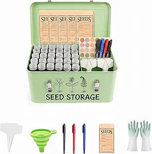 FOCHIER F Large Metal Seed Storage Organizer Box with Lid, Double-Layer Seal Design, 304 Stainless Steel Safety Lock, Handles, Extra Seed Envelopes and Labels