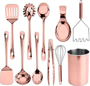 COOK WITH COLOR Kitchen Utensil Set - premium Nonstick & Heat Resistant Kitchen Gadgets, Turner, Spaghetti Server, Serving Spoons, Whisk, Tongs, Masher & Utensil Holder, 10-piece Rose Gold