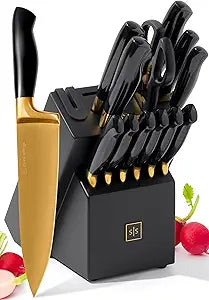 Black and Gold Knife Set with Block and Sharpener  14-Piece Full Tang Golden Knives with Self-Sharpening Knife Block  Gold Kitchen Accessories for Cooking and Prepping; Ideal for Gifting