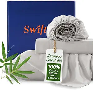 100% Organic Viscose Derived from Bamboo, 4-Piece Queen Bed Sheet Set, Ultra Soft & Luxuriously Cooling Sheets, Deep Pocket Fits 16" Mattress, Perfect for Hot Sleepers, Light Gray