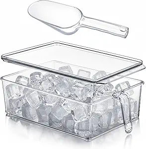 Havawish Ice Storage Bin for Freezer with Lid and Flexible Scoop Set Plastic Ice Container with Lid Handle for Home Office Fridge Storage(12.4 x 8.07 x 3.94 Inches,Clear,1 Set)