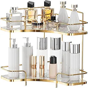 Seoneiro 2 Tier Corner Bathroom Counter Organizer, Cosmetic Skincare Organizer, Bathroom Countertop Perfume Tray Vanity Organizer, Kitchen Spice Corner Storage Shelf