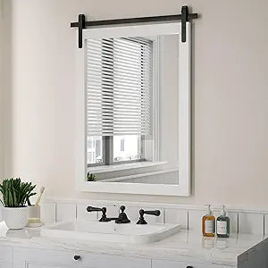 Farmhouse Mirror for Bathroom, White Rustic Vanity Mirror Wood Framed Decrative Mirrors, Barn Door Style Decor Entryway Bedroom 22x30INCH Horizontal