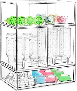 Baby Bottle Organizer for Countertop with Dust Protection, 5Pack Stackable Baby Organizers and Storage for Bottles, Clear Acrylic Container with Drawer for Kitchen, Cabinet, Vanity, Bathroom, Pantry