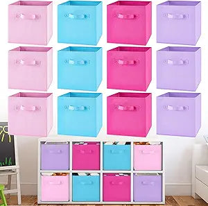 Yinder 12 Pcs Cube Storage Bin 10.5''x10.5''x11'' Storage Bins for Playroom Decor Colorful Bins for Kids Foldable Baskets for Nursery Organizer Boxes Fabric Boxes (Sky Blue, Purple, Pink, Rose)