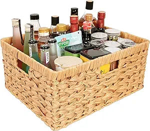 Large Wicker Basket, Hand-Woven Basket for Storage, Wicker Basket with 3 Handles, Waterproof Storage Basket for Shelves (1Pack)