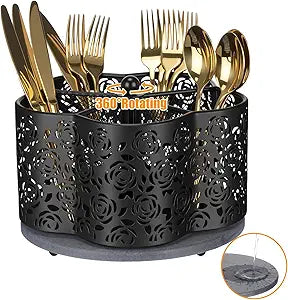 360 Degree Rotating Utensil Caddy Silverware Cutlery Caddy Holder with 5 Compartment Kitchen Countertop Organizer for Spoon Fork Flatware Storage for Home or Outdoor Picnic Camping(Black)